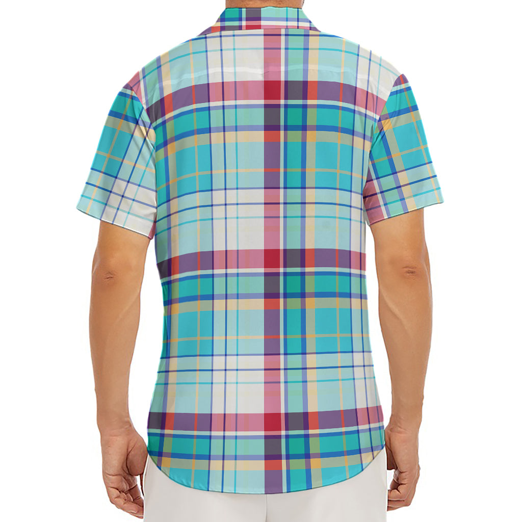 Blue And Red Madras Pattern Print Men's Deep V-Neck Shirt