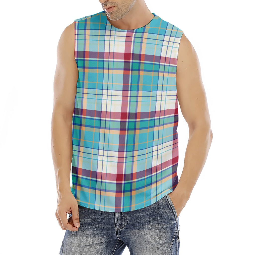 Blue And Red Madras Pattern Print Men's Fitness Tank Top