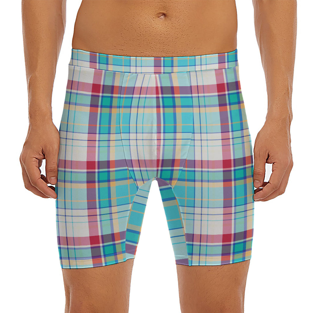 Blue And Red Madras Pattern Print Men's Long Boxer Briefs