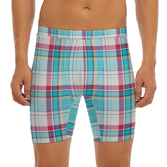 Blue And Red Madras Pattern Print Men's Long Boxer Briefs