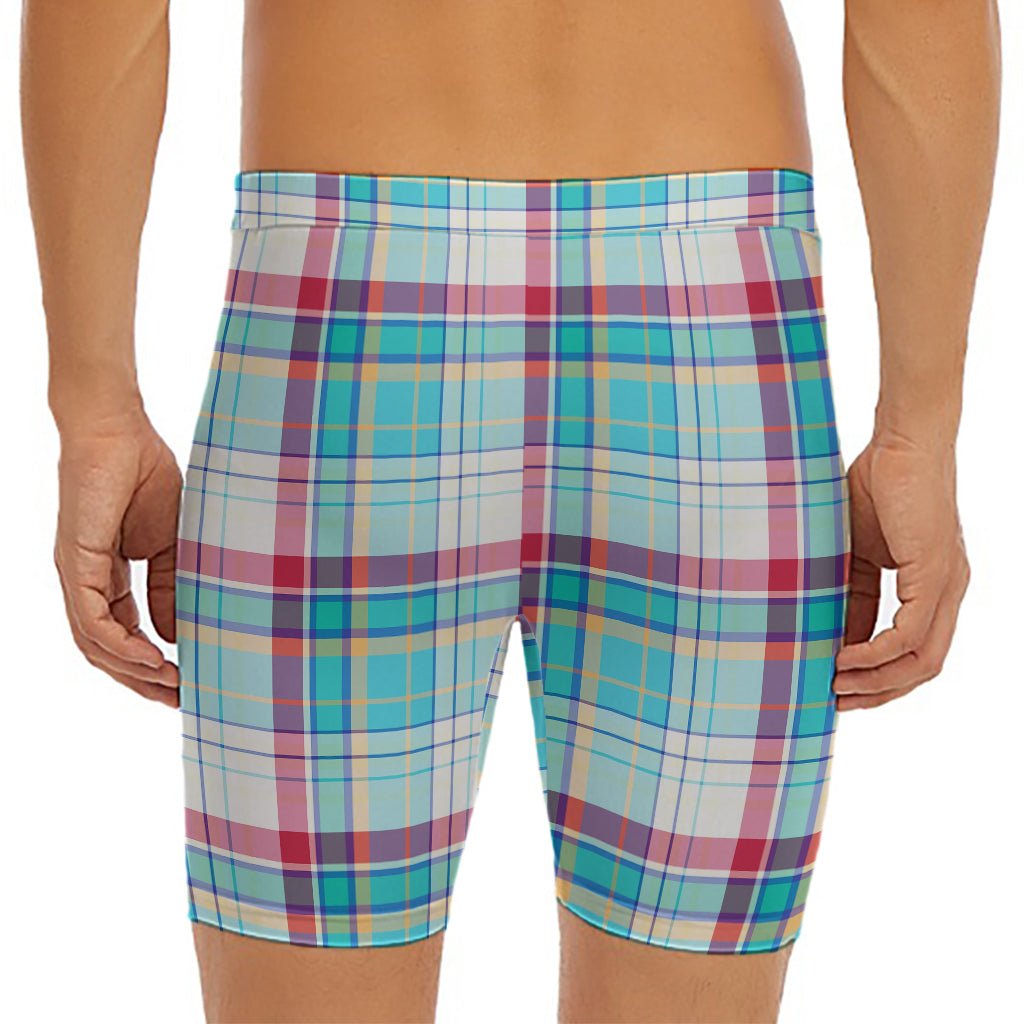 Blue And Red Madras Pattern Print Men's Long Boxer Briefs