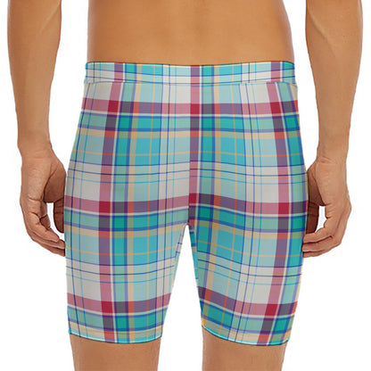 Blue And Red Madras Pattern Print Men's Long Boxer Briefs