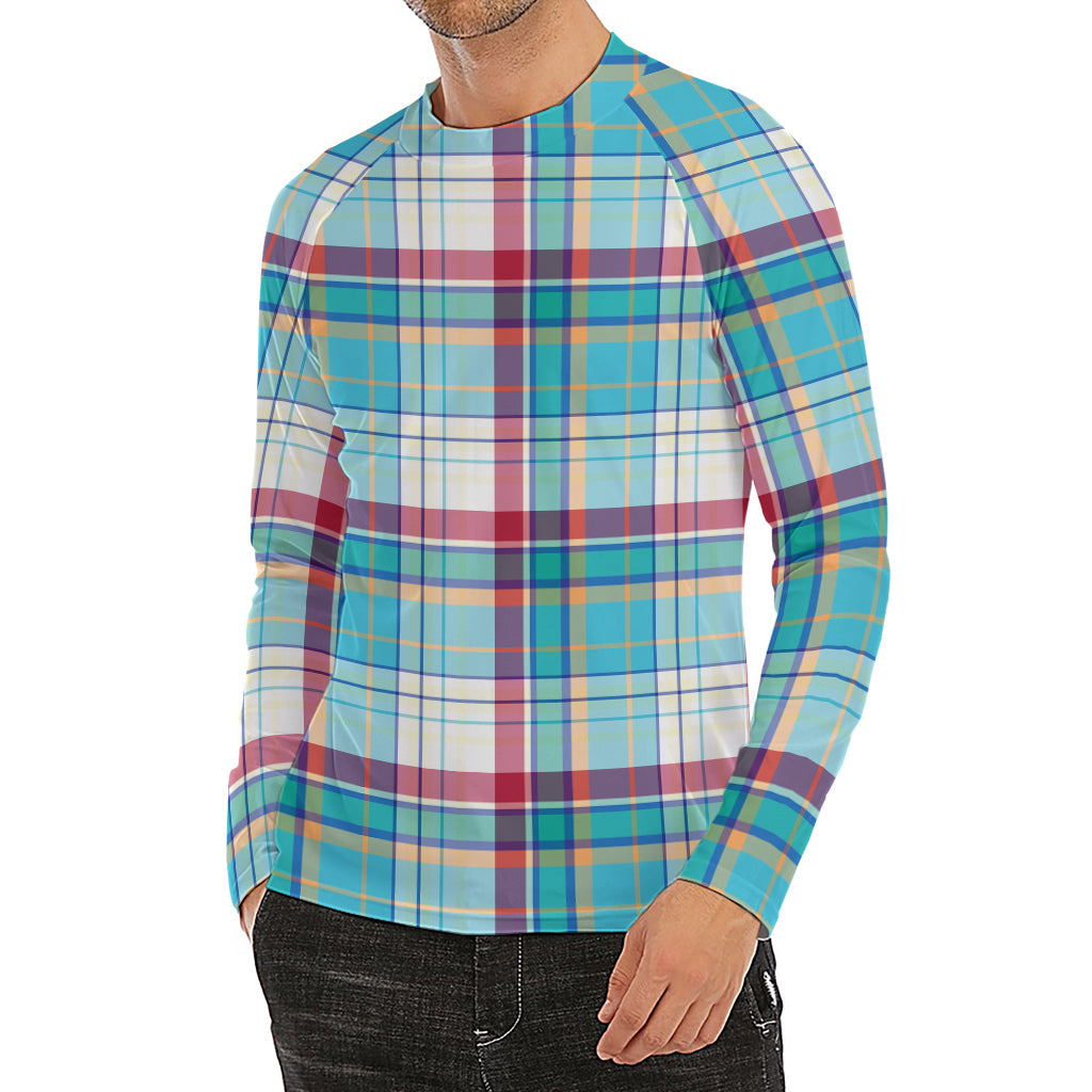 Blue And Red Madras Pattern Print Men's Long Sleeve Rash Guard