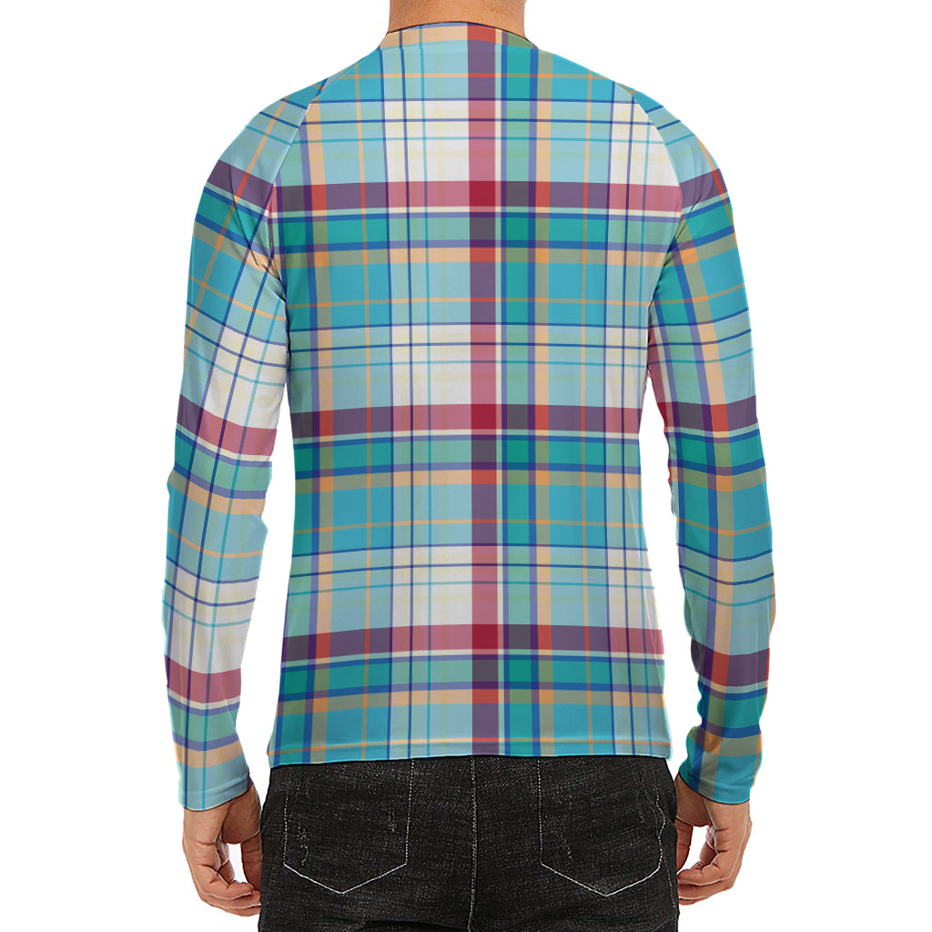 Blue And Red Madras Pattern Print Men's Long Sleeve Rash Guard