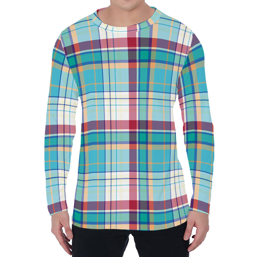 Blue And Red Madras Pattern Print Men's Long Sleeve T-Shirt