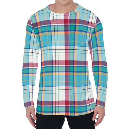 Blue And Red Madras Pattern Print Men's Long Sleeve T-Shirt