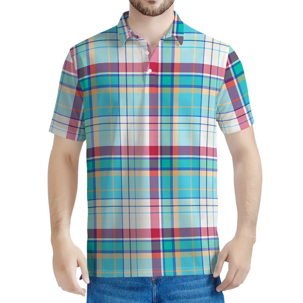 Blue And Red Madras Pattern Print Men's Polo Shirt