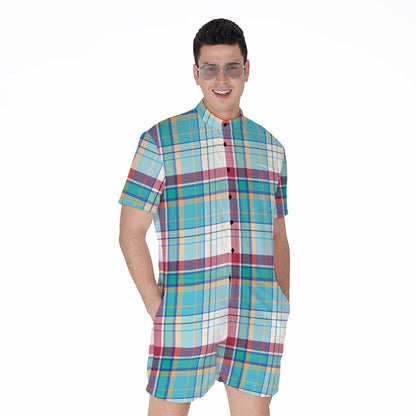 Blue And Red Madras Pattern Print Men's Rompers