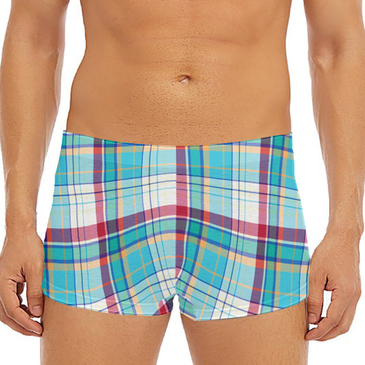 Blue And Red Madras Pattern Print Men's Short Boxer Briefs