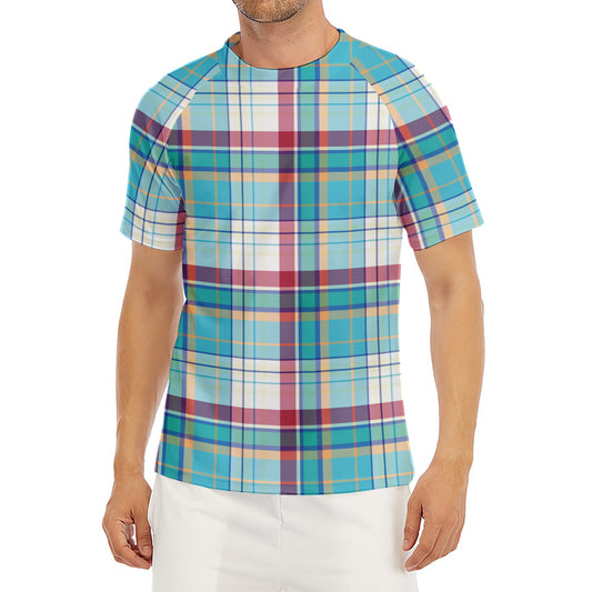 Blue And Red Madras Pattern Print Men's Short Sleeve Rash Guard