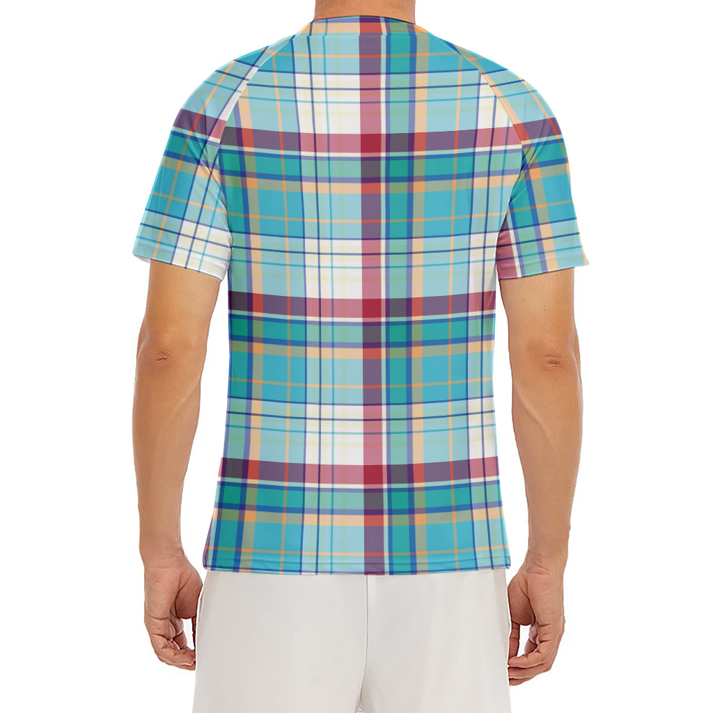 Blue And Red Madras Pattern Print Men's Short Sleeve Rash Guard