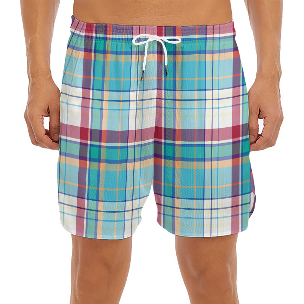 Blue And Red Madras Pattern Print Men's Split Running Shorts