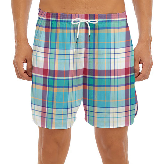 Blue And Red Madras Pattern Print Men's Split Running Shorts
