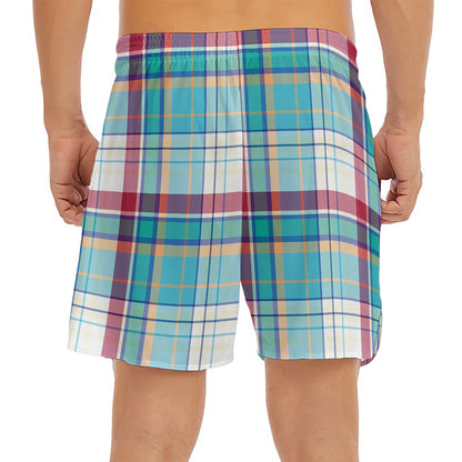 Blue And Red Madras Pattern Print Men's Split Running Shorts