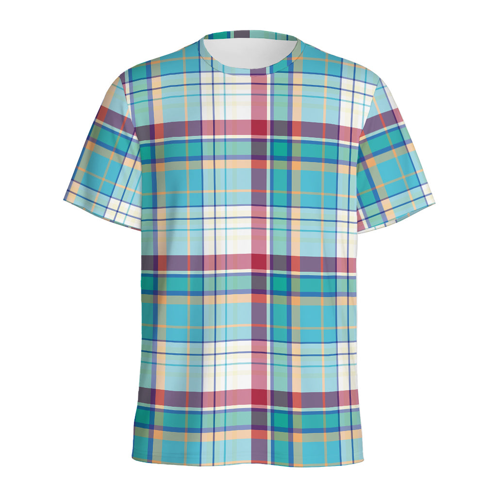 Blue And Red Madras Pattern Print Men's Sports T-Shirt