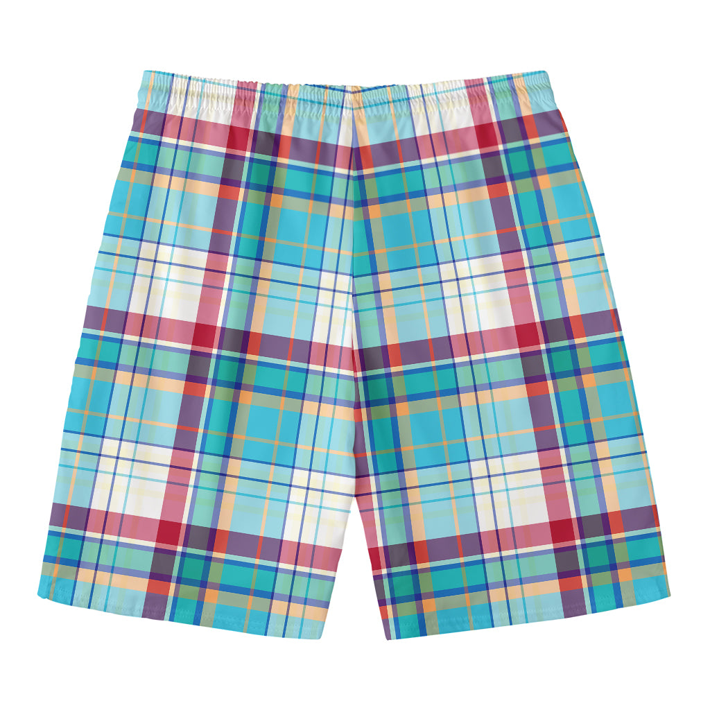 Blue And Red Madras Pattern Print Men's Swim Trunks