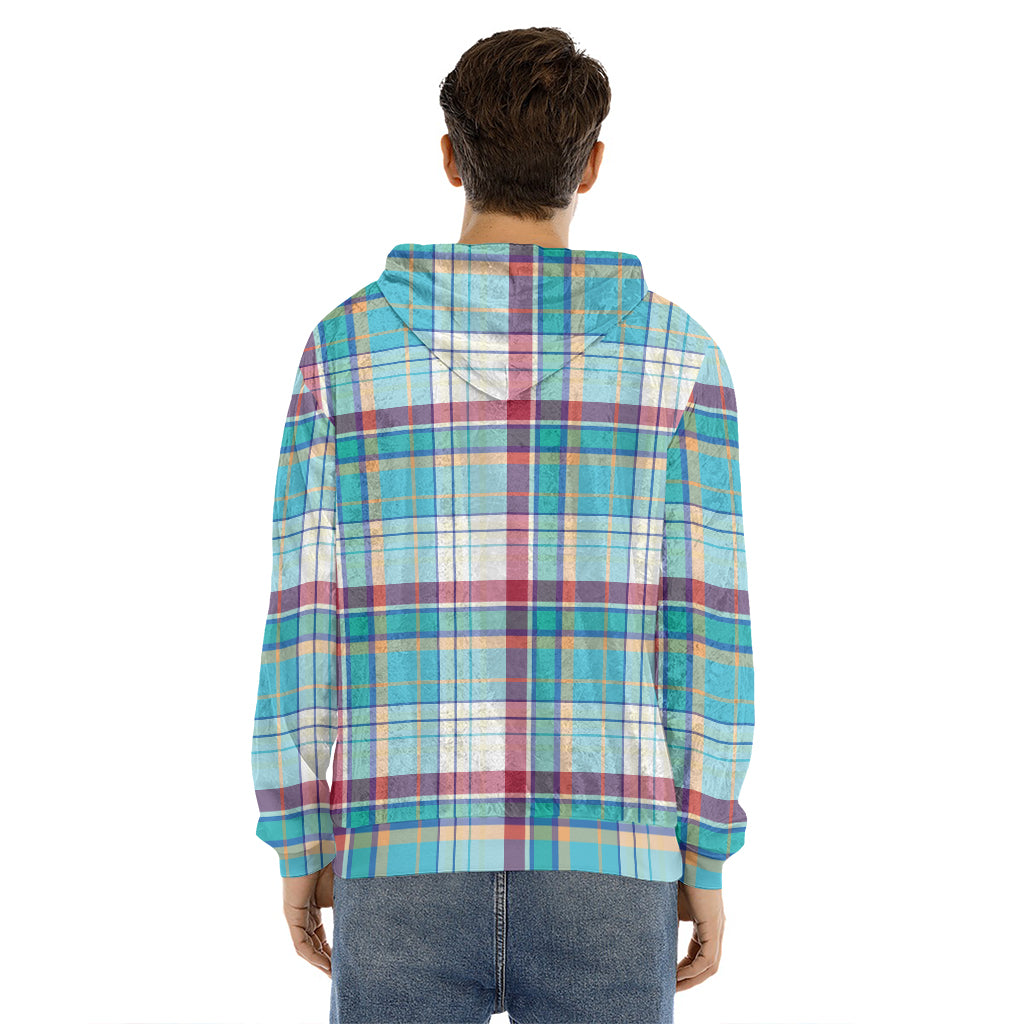 Blue And Red Madras Pattern Print Men's Velvet Pullover Hoodie