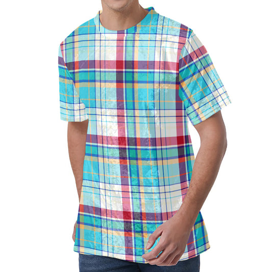 Blue And Red Madras Pattern Print Men's Velvet T-Shirt