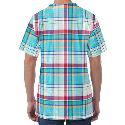 Blue And Red Madras Pattern Print Men's Velvet T-Shirt