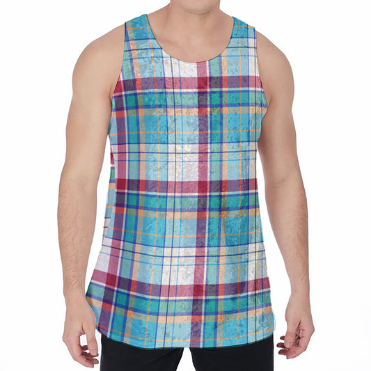 Blue And Red Madras Pattern Print Men's Velvet Tank Top