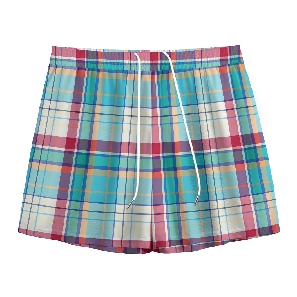Blue And Red Madras Pattern Print Mesh Shorts