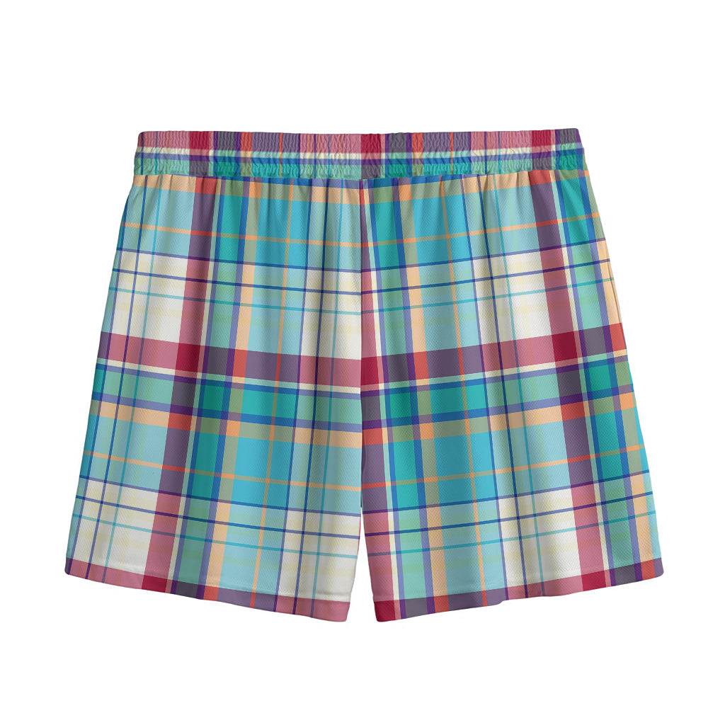 Blue And Red Madras Pattern Print Mesh Shorts