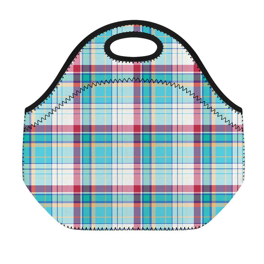 Blue And Red Madras Pattern Print Neoprene Lunch Bag