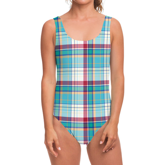 Blue And Red Madras Pattern Print One Piece Swimsuit