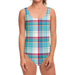 Blue And Red Madras Pattern Print One Piece Swimsuit