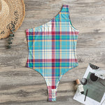 Blue And Red Madras Pattern Print One Shoulder Bodysuit