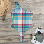 Blue And Red Madras Pattern Print One Shoulder Bodysuit