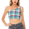 Blue And Red Madras Pattern Print One Shoulder Crop Top