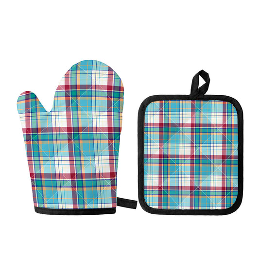 Blue And Red Madras Pattern Print Oven Mitt And Pot Holder Set
