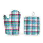 Blue And Red Madras Pattern Print Oven Mitt And Pot Holder Set