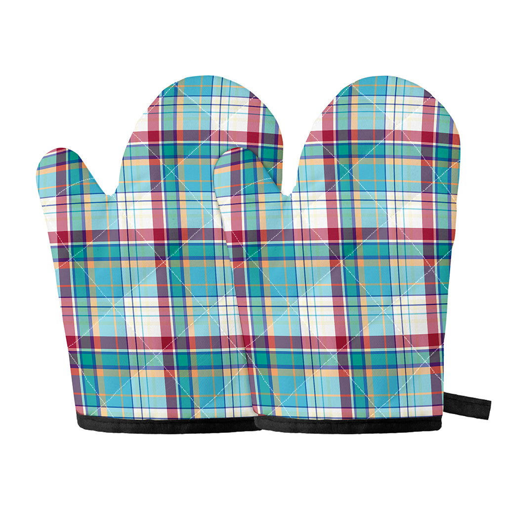 Blue And Red Madras Pattern Print Oven Mitts