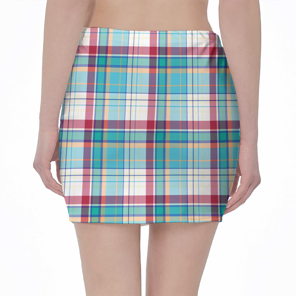 Blue And Red Madras Pattern Print Pencil Mini Skirt