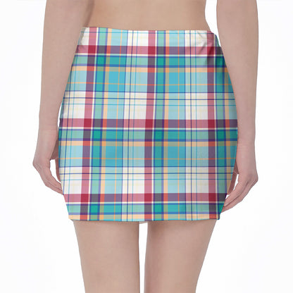 Blue And Red Madras Pattern Print Pencil Mini Skirt