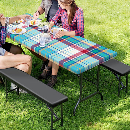Blue And Red Madras Pattern Print Picnic Table Cover