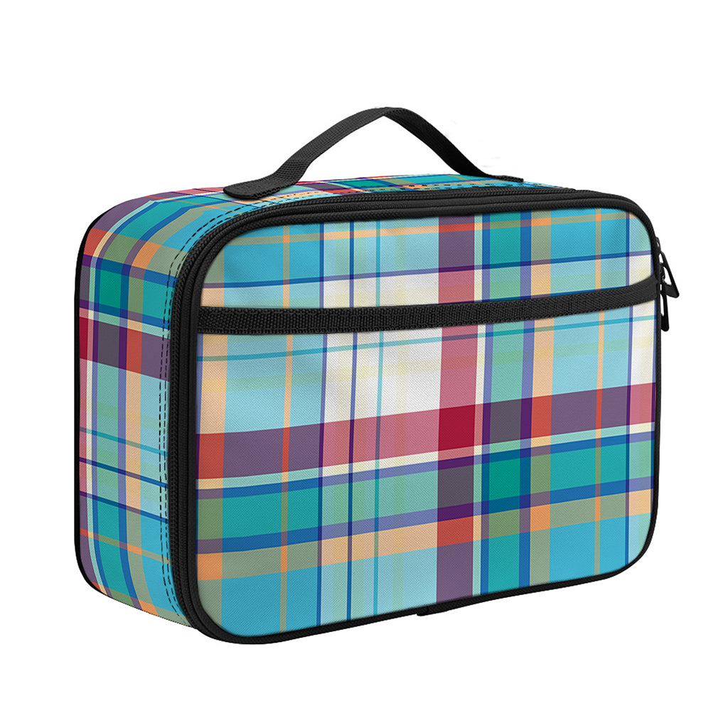 Blue And Red Madras Pattern Print Portable Lunch Bag