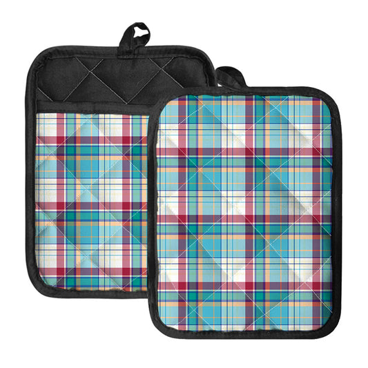 Blue And Red Madras Pattern Print Pot Holders With Pocket