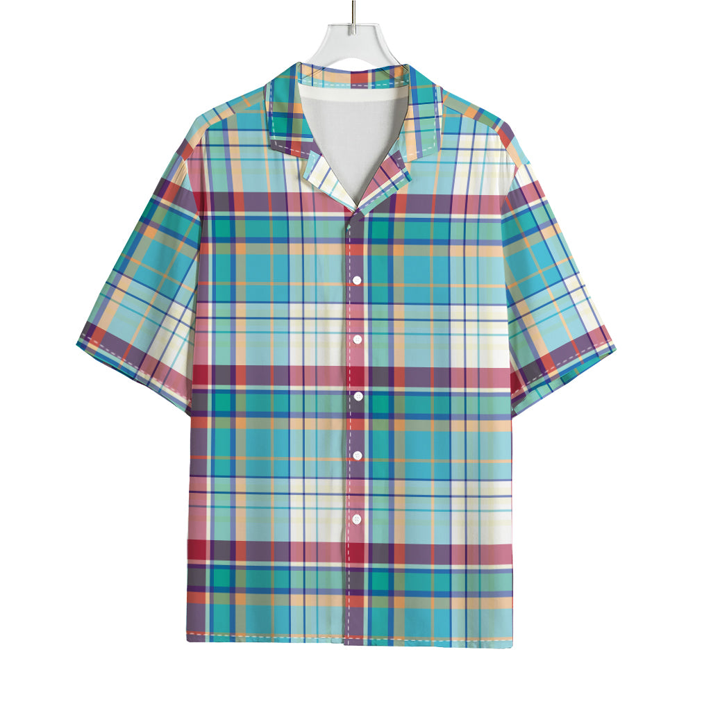 Blue And Red Madras Pattern Print Rayon Hawaiian Shirt