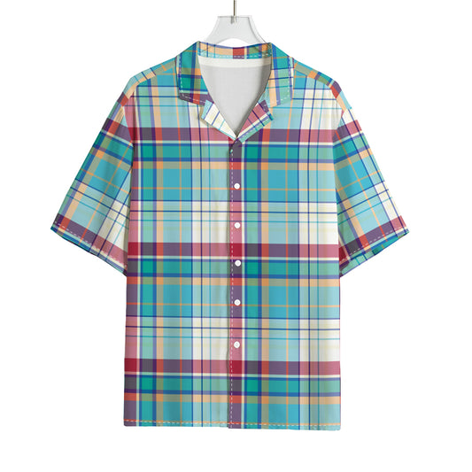 Blue And Red Madras Pattern Print Rayon Hawaiian Shirt