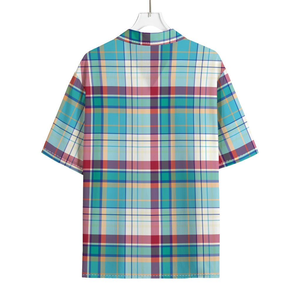 Blue And Red Madras Pattern Print Rayon Hawaiian Shirt