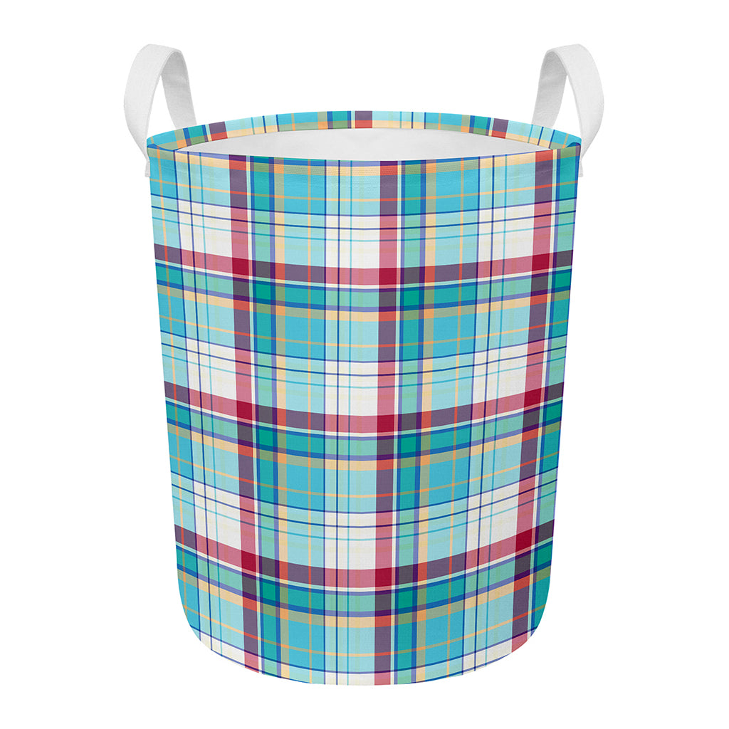 Blue And Red Madras Pattern Print Round Laundry Basket