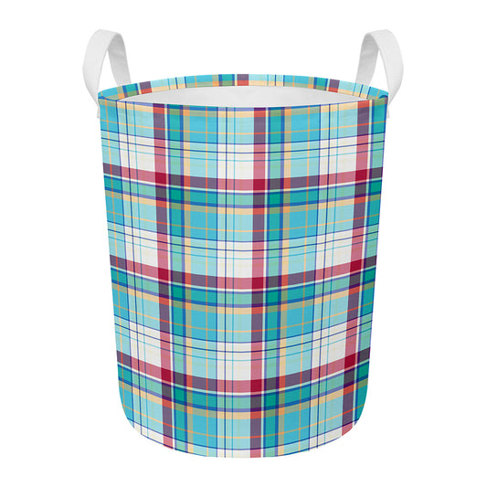 Blue And Red Madras Pattern Print Round Laundry Basket