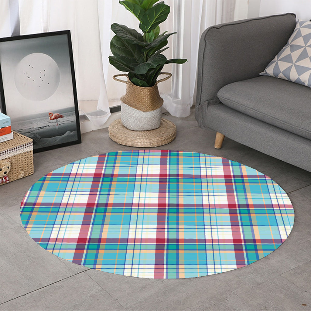 Blue And Red Madras Pattern Print Round Rug