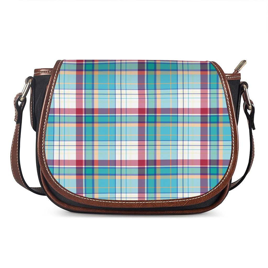 Blue And Red Madras Pattern Print Saddle Bag