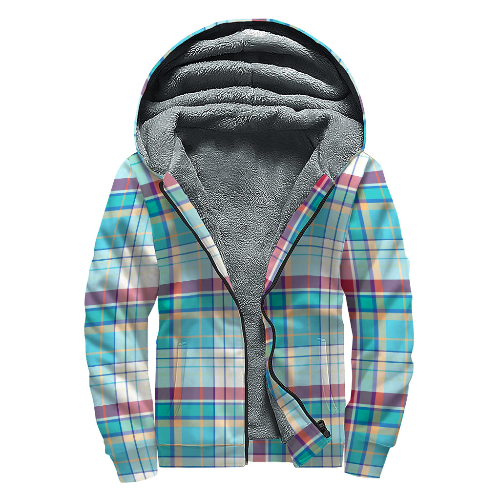 Blue And Red Madras Pattern Print Sherpa Lined Zip Up Hoodie