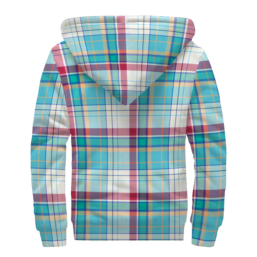 Blue And Red Madras Pattern Print Sherpa Lined Zip Up Hoodie
