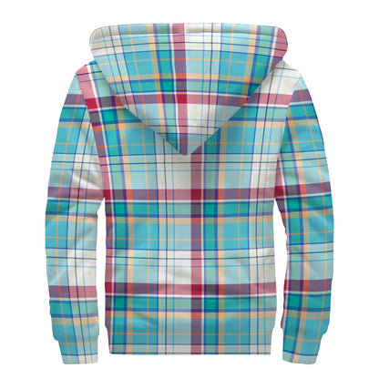 Blue And Red Madras Pattern Print Sherpa Lined Zip Up Hoodie
